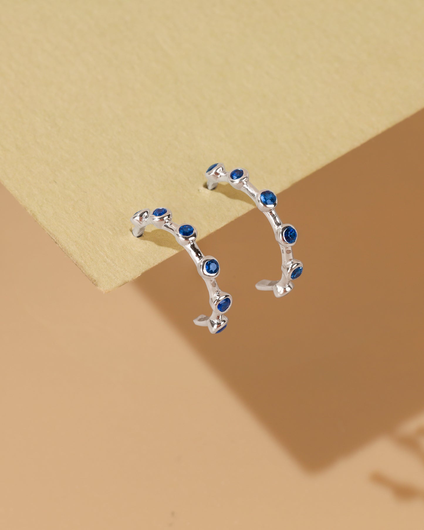 14k White Gold Blue Sapphire Gemstone Hoops