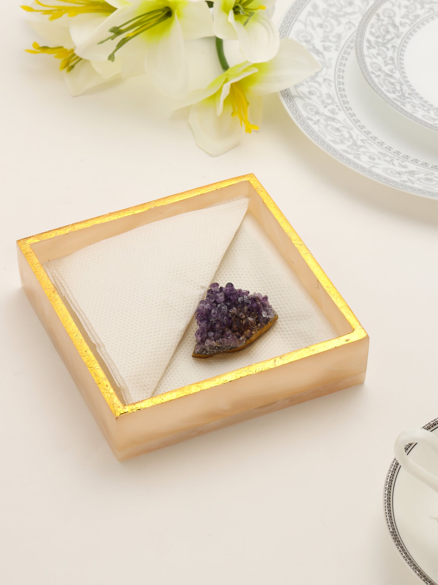 Ivory Resin Napkin Holder with Amethyst Druzy