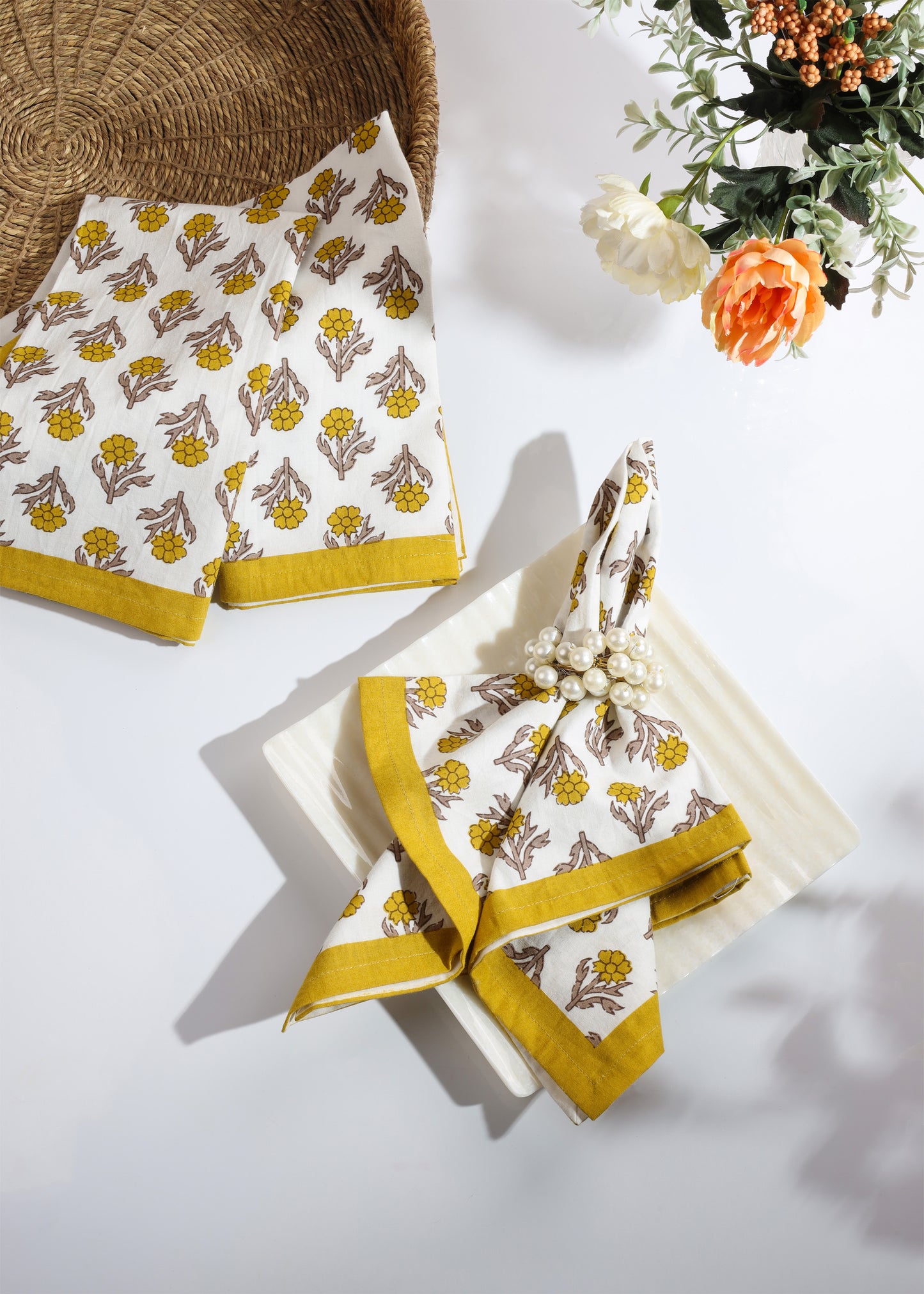 Golden Marigold Block Print Cotton Napkins