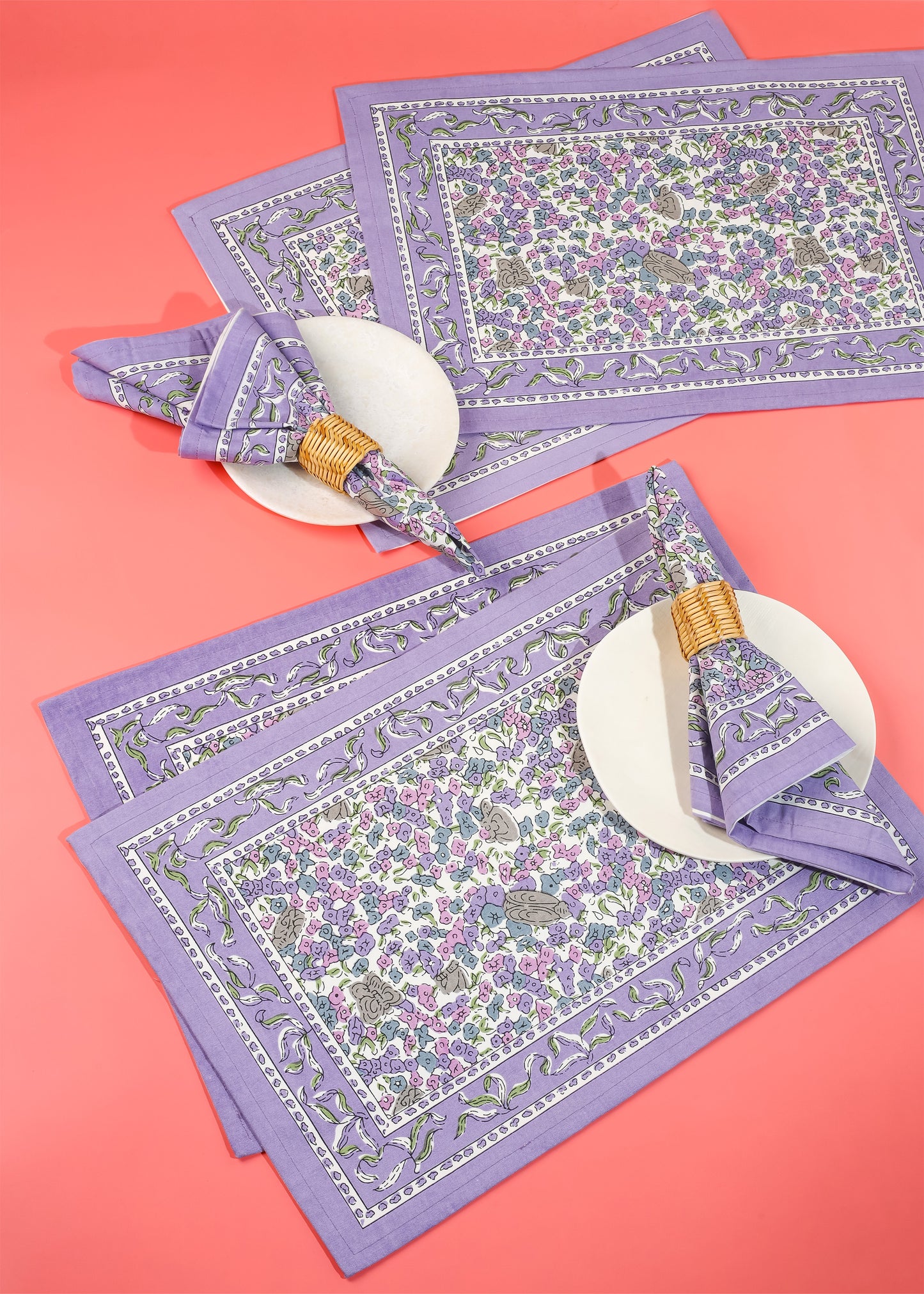 Lavender Blossom Block Print Cotton Placemats