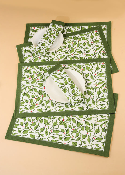 Evergreen Elegance Block Print Cotton Placemats