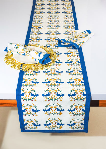 Bluebird Blooms Block Print Cotton Table Runner