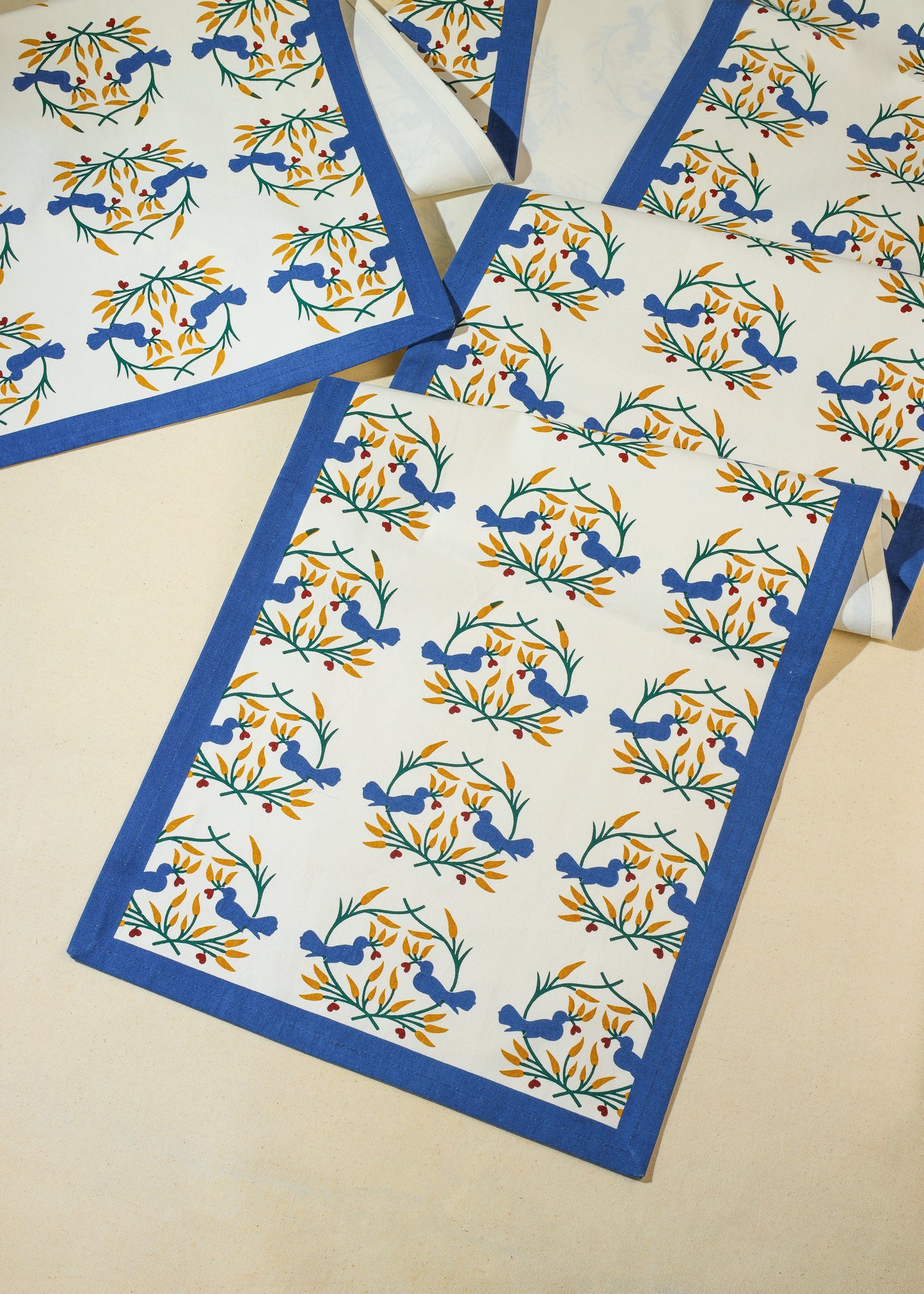 Bluebird Blooms Block Print Cotton Table Runner