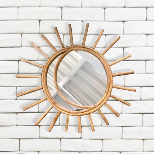 Tiramisu 25" Handmade Boho Sun Shape Rattan Cane Wall Mirror