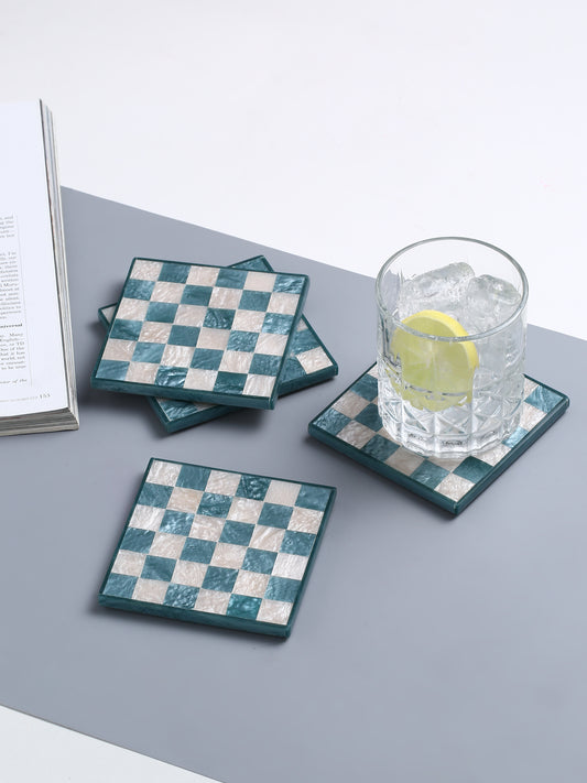 Blue Chequered Resin Coaster Set of 4